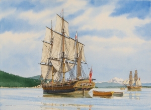 HMS Discovery and the armed sloop Chatham. Newly named Mount Baker in the background. Painting by Steve Mayo. http://www.stevemayoart.com/art-gallery/recent-artwork/